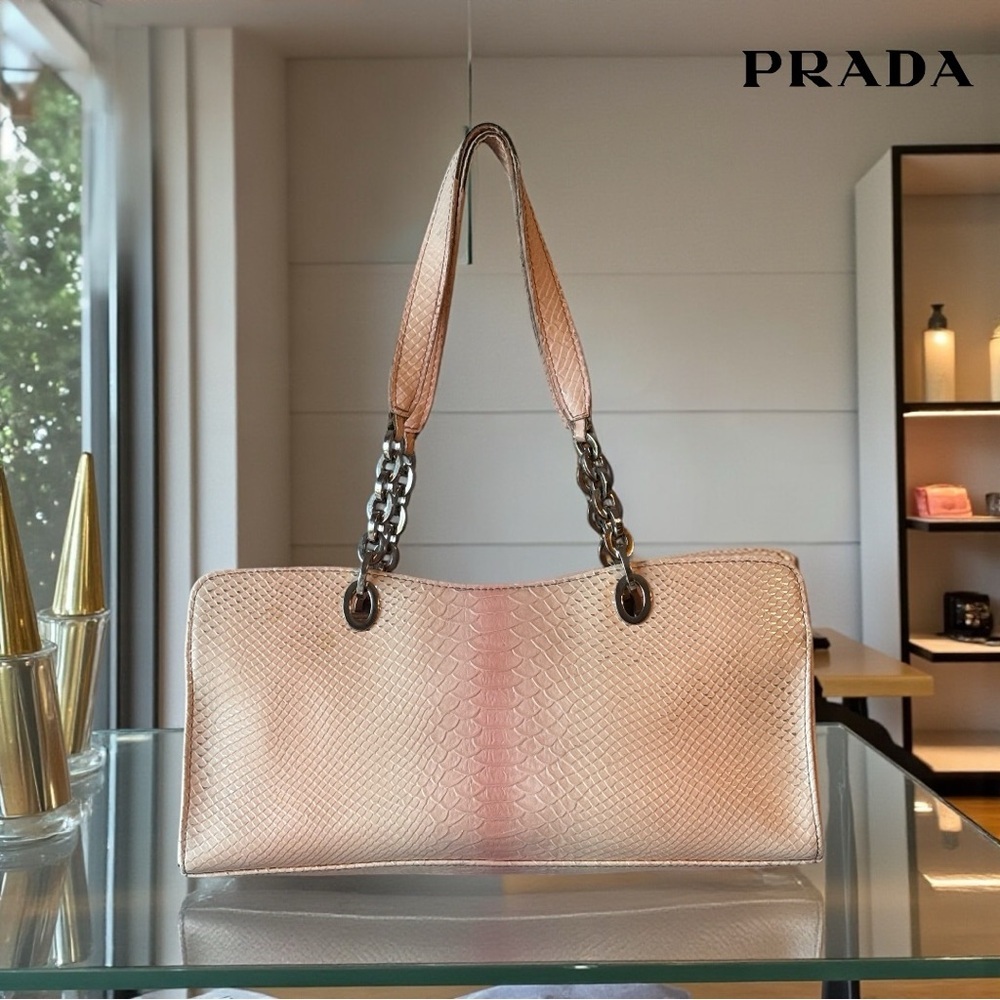 Authentic Prada Embossed Coral Pink Python Leathe… - image 2